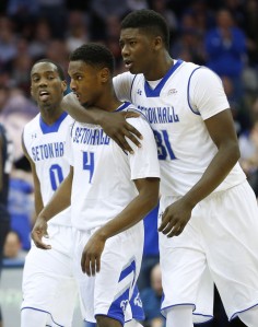 Three members of the biggest story in New Jersey college basketball today. L-R: #0 Khadeen Carrington, #4 Sterling Gibbs, #31 Angel Delgado. (Source: Rich Schultz/Getty Images North America)